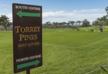 PGA Tour moves away from Hawaii, reshaping global calendar Torrey Pines Golf Course directional signpost with green fairway in background.