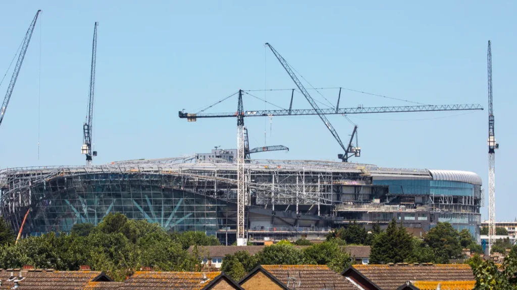 LONDON UK JULY 3RD 2018 A view of the new Tottenham Hotspur FC stadium under construction and towering over the suburbs in Tottenham London on 3rd July 2018