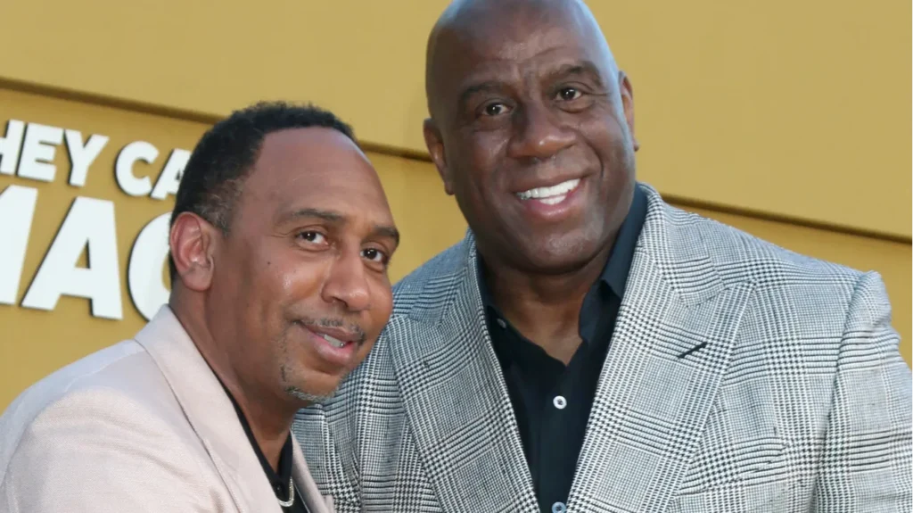 LOS ANGELES  APR 14 Stephen A Smith Magic Johnson at the They Call Me Magic Premiere Screening at Village Theater on April 14 2022 in Westwood CA