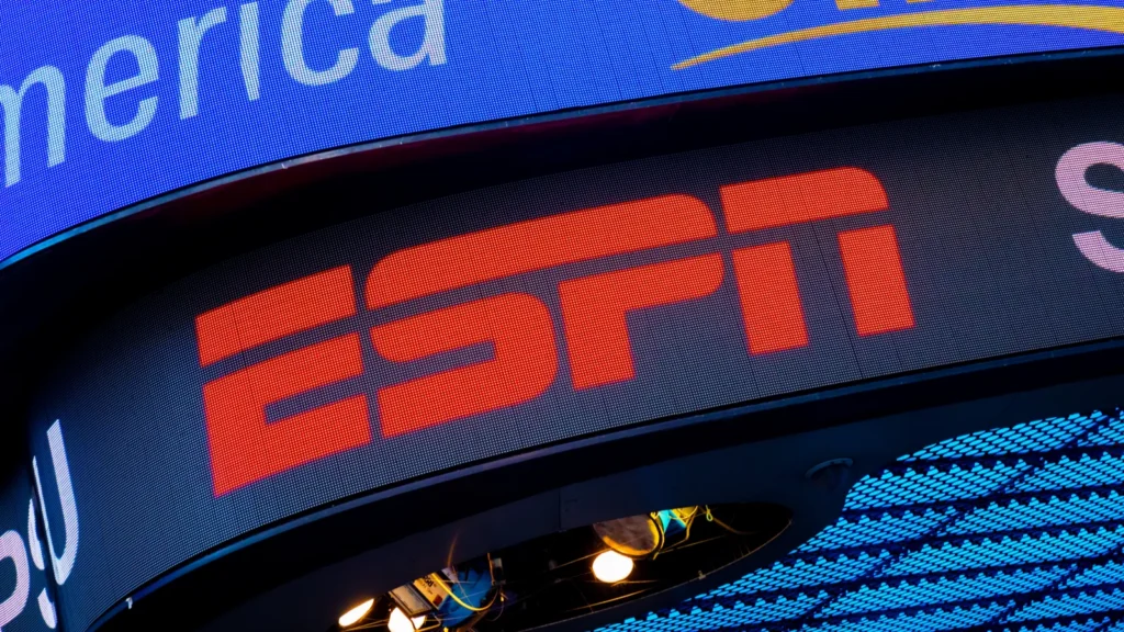 Manhattan New York USA  November 6 2019 ESPN and GMA LED billboard banner above the New York studios in Times Square