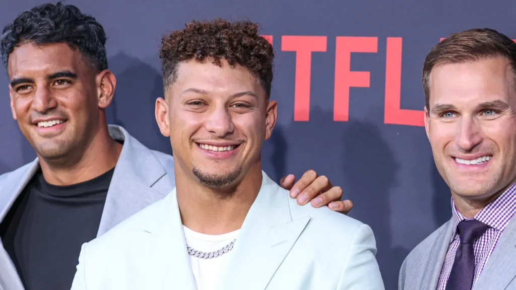 Marcus Mariota Patrick Mahomes and American football quarterback at the Los Angeles Premiere