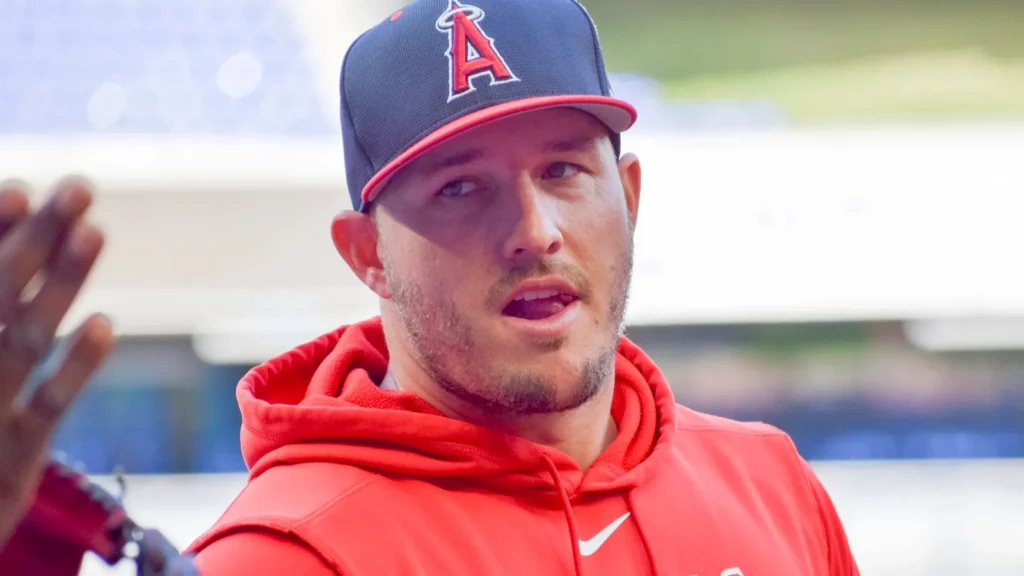 Mike Trout wearing a Los Angeles Angels hoodie