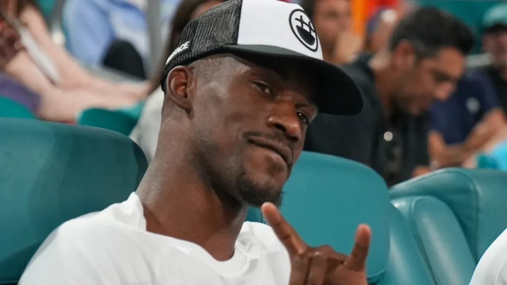 MIAMI GARDENS FLORIDA  MARCH 31 2023 Jimmy Butler an American professional basketball player for the Miami Heat attends the semifinal match at 2023 Miami Open at the Hard Rock Stadium Miami Gardens Florida USA