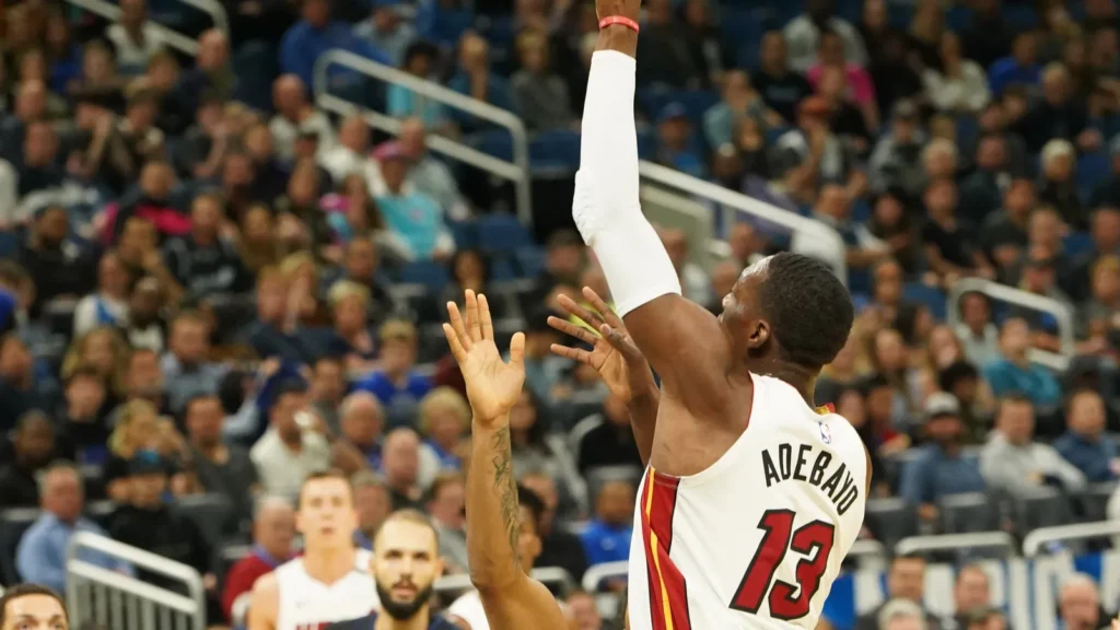 Miami Heats' Bam Adebayo (13) takes a shot at the Amway Center in Orlando, Florida.