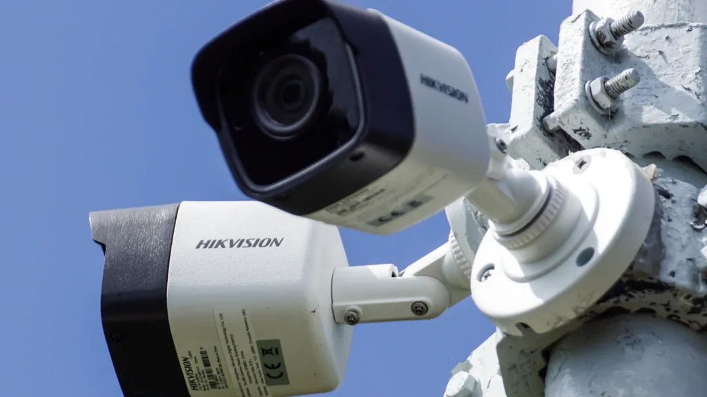 Milan Italy  August 10 2018 Hikvision video surveillance cameras on pole  The brand is widespread throughout the world