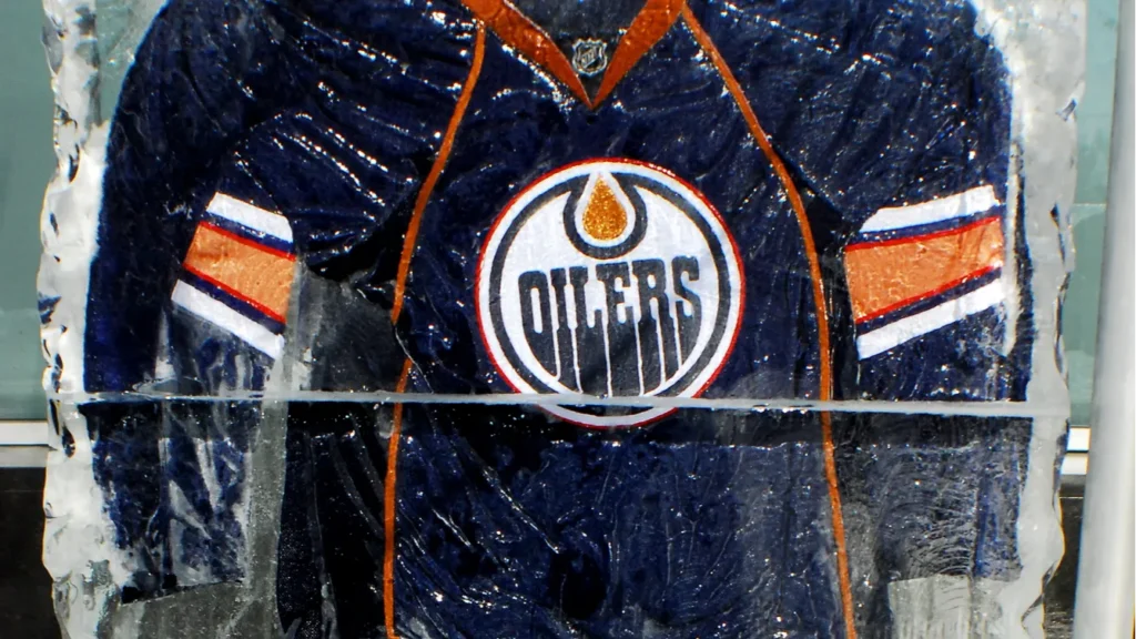 MONTREAL CANADA  JANUARY 24 Edmonton Oilers jersey in an ice block in front the Molson center of Montreal Canadians for the 57e All stars game on January 24 2009 in Montreal Canada