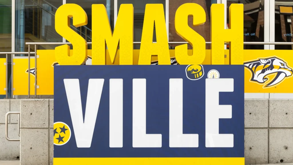 Nashville TN USA  March 8 2025 A Smashville sign outside of the Bridgestone Arena home to the Nashville Predators in downtown Nashville