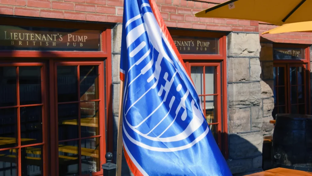 Ottawa Canada  June 24 2024 Edmonton Oilers flag on display at the Lieutenants Pump in preparation of game 7 of the Stanley Cup finals to be played that evening Edmonton came back from a 03 deficit to tie the game and play the Florida Panthers