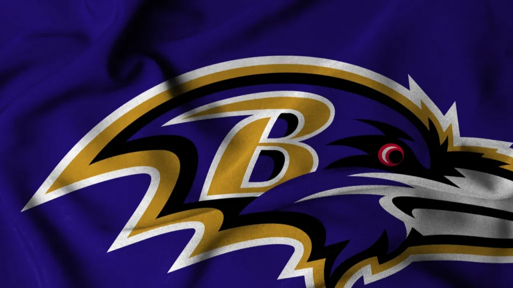 Logo for the Baltimore Ravens on a fabric.