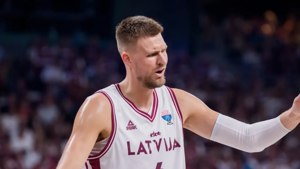 RIGA LATVIA 30th August 2025 Kristaps Porzingis during FIBA EUROBASKET 2025 basketball match between National mens team Latvia and National mens team Serbia