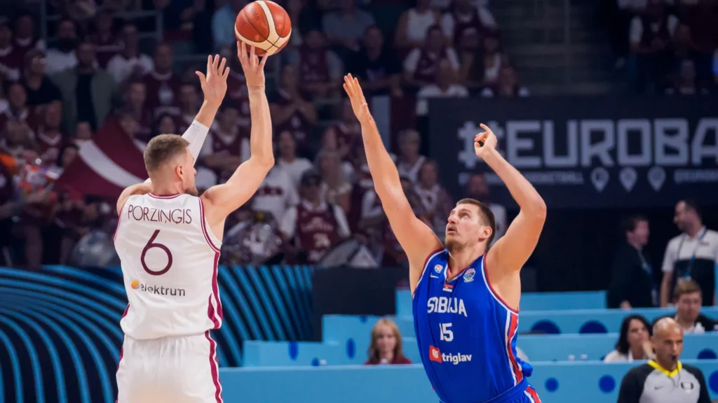 RIGA LATVIA 30th August 2025 Kristaps Porzingis L and Nikola Jokic R during FIBA EUROBASKET 2025 basketball match between National mens team Latvia and National mens team Serbia