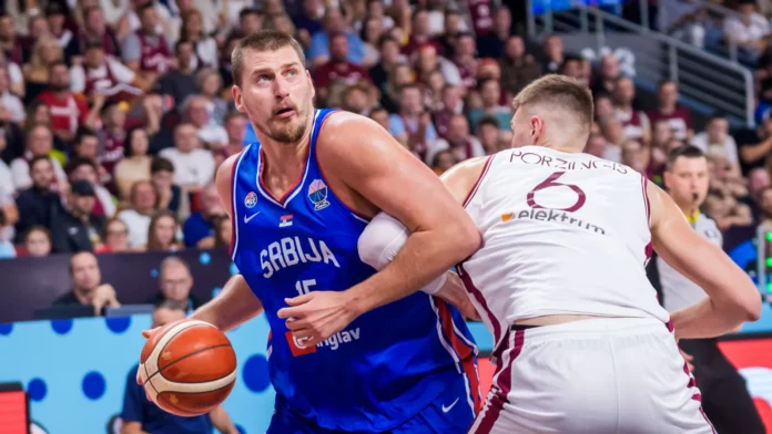 RIGA LATVIA 30th August 2025 Nikola Jokic L and Kristaps Porzingis R during FIBA EUROBASKET 2025 basketball match between National mens team Latvia and National mens team Serbia