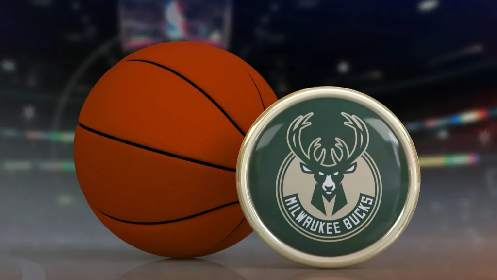Round badge with Milwaukee Bucks team logo next to a ball with an out of focus stadium in the background