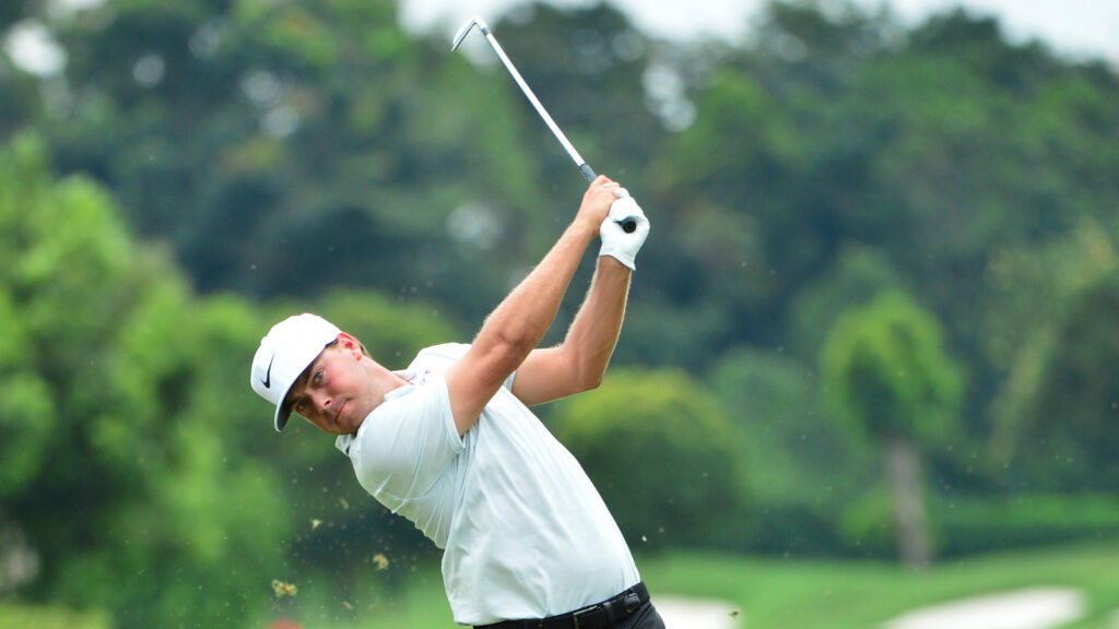 Keith Mitchell of United States teeing off at 17th hole during round three of CIMB CLASSIC 2018