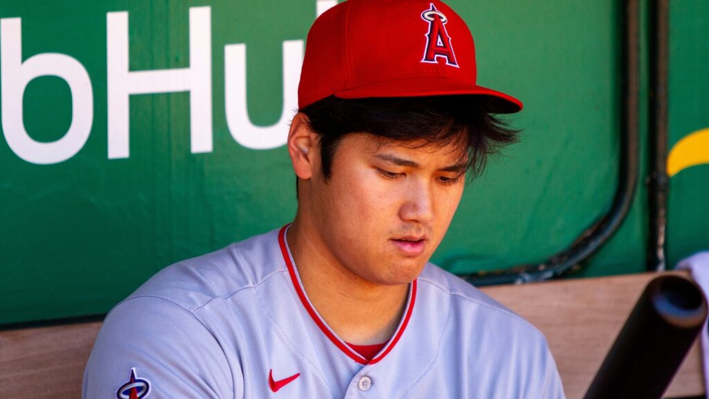 Shohei Ohtani in the dugout before a game