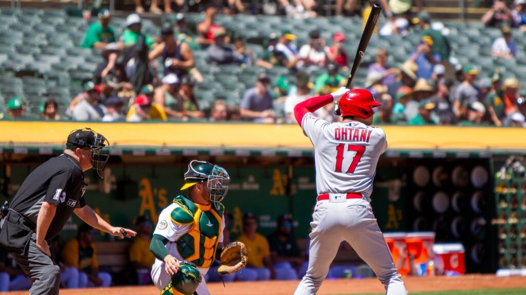 Shohei Ohtani bats against the Oakland Athletics