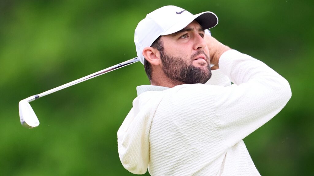 Scottie Scheffler of United States in action during a practice round prior to the 2024 PGA Championship
