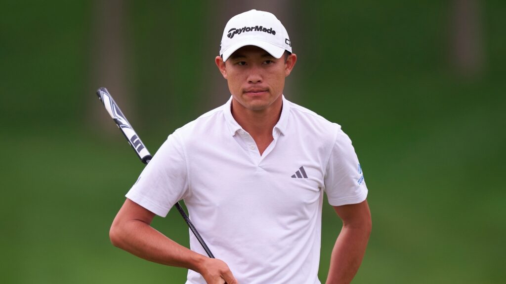 Collin Morikawa of The United States in action during a practice round prior to the 2024 PGA Championship at Valhalla Golf Club