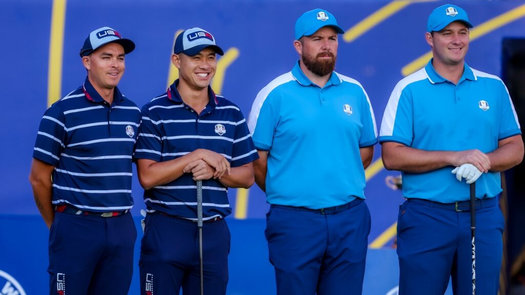 Shane Lowry and Sepp Straka of Team Europe and Rickie Fowlerand, Collin Morikawa of Team Uni