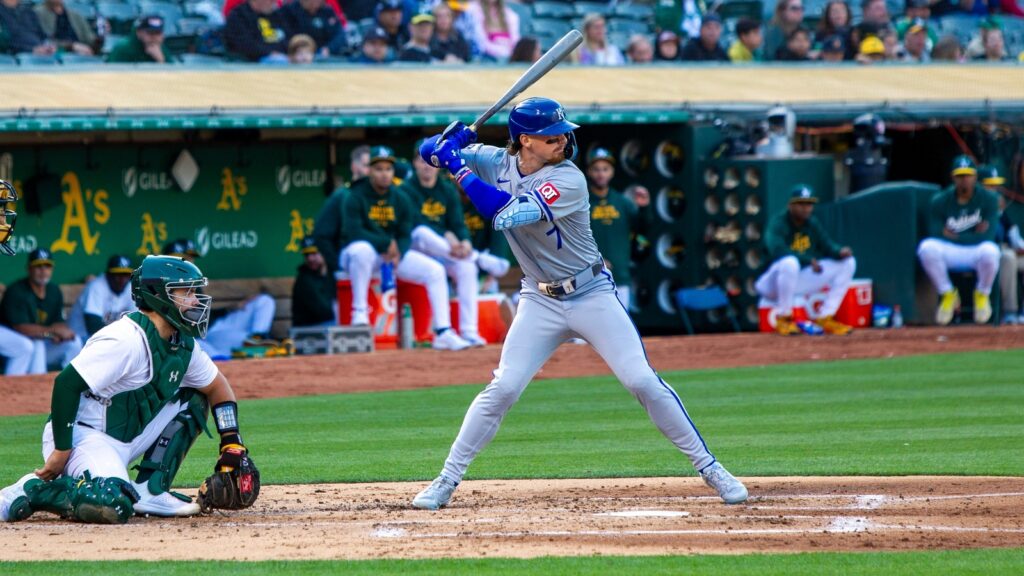 Kansas City Royals shortstop Bobby Witt Jr. bats against the Oakland Athletics