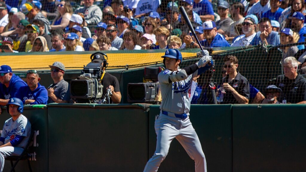 Los Angeles Dodgers designated hitter Shohei Ohtani in the on deck circle