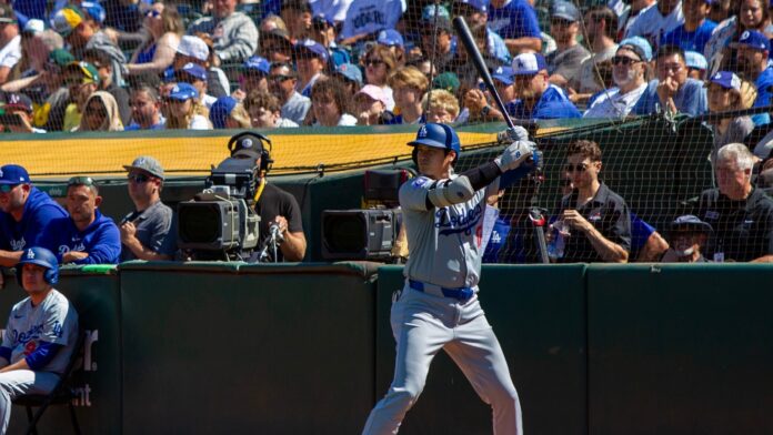 Los Angeles Dodgers designated hitter Shohei Ohtani in the on deck circle