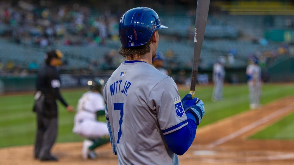 Kansas City Royals shortstop Bobby Witt Jr. in the on deck circle during a game