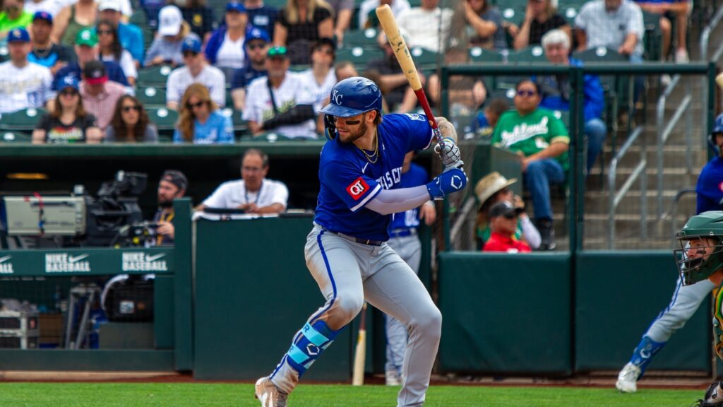 Kansas City Royals catcher Carter Jensen bats against the Athletics