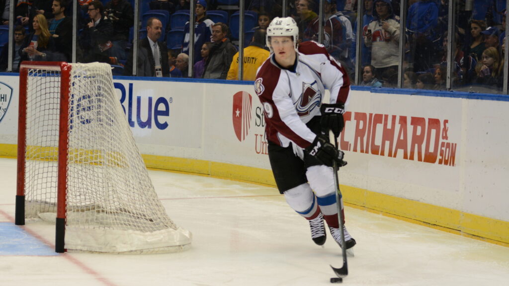 Nathan MacKinnon, of the Colorado Avalanche during warm-ups