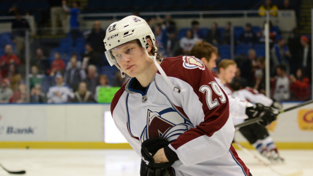 Nathan MacKinnon, of the Colorado Avalanche during warm-ups