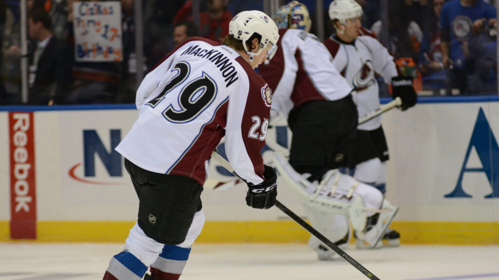 Nathan MacKinnon, of the Colorado Avalanche during warm-ups