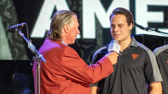 Toronto Canada September 16 2016 Barry Melrose interviews Auston Matthews as Nathan MacKinnon L and Connor McDavid of Team North America the under 23 team at the World Cup of Hockey premiere party stand by Ron MacLean is seen on the righ