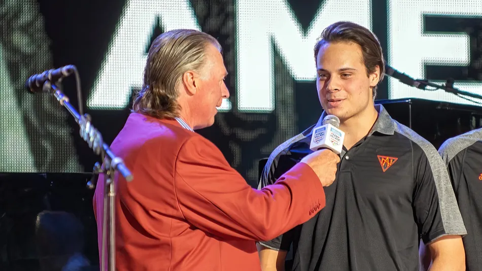 Toronto Canada September 16 2016 Barry Melrose interviews Auston Matthews as Nathan MacKinnon L and Connor McDavid of Team North America the under 23 team at the World Cup of Hockey premiere party stand by Ron MacLean is seen on the righ