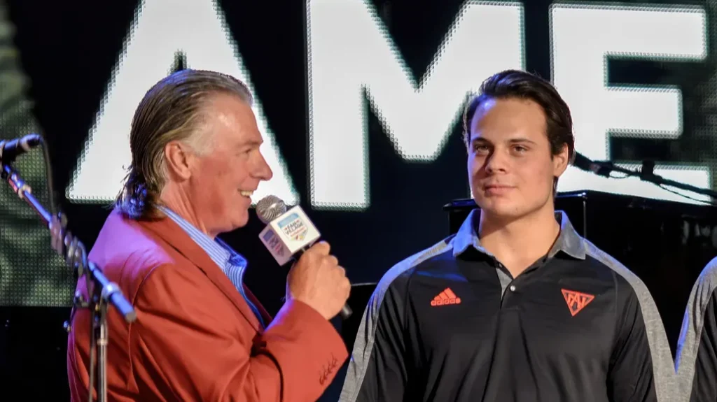 Toronto Canada September 16 2016 Barry Melrose interviews Auston Matthews as Connor McDavid and JT Miller of Team North America the under 23 team at the World Cup of Hockey premiere party stand by