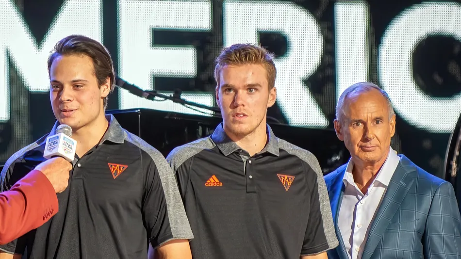 Toronto Canada September 16 2016 Barry Melrose interviews Auston Matthews as Nathan MacKinnon L and Connor McDavid of Team North America the under 23 team at the World Cup of Hockey premiere party stand by Ron MacLean is seen on the righ