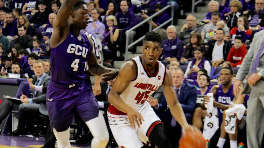 Keeton Gale Donovan Mitchell guard for the Louisville University Cardinals at GCU Arena in Phoenix Arizona USA.