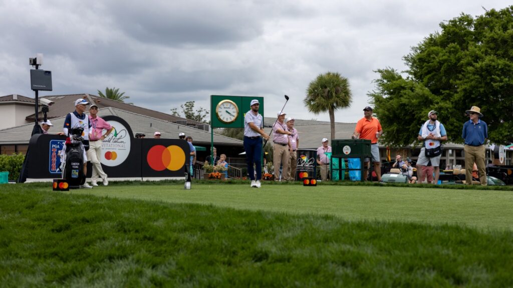 Cameron Young tees off at the 10th hole at Bay Hill during the Arnold Palmer Invitational during the practice rounds.