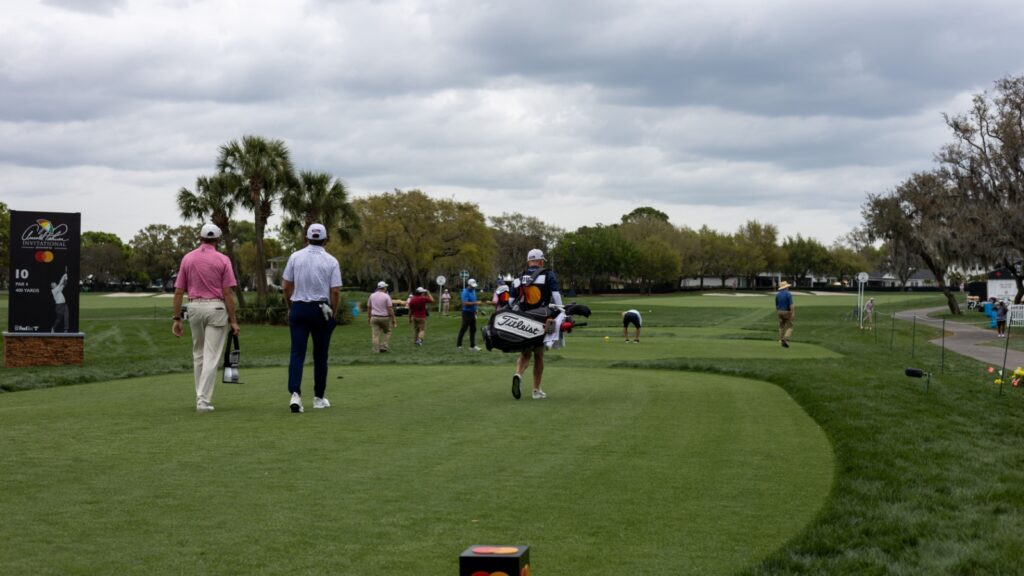 Cameron Young tees off at the 10th hole at Bay Hill during the Arnold Palmer Invitational during the practice rounds.