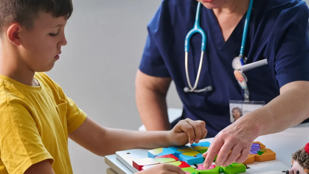 A young boy in a yellow shirt plays with colorful shapes on a table while a nurse helps him The room is welllit and has a friendly atmosphere promoting learning and interaction