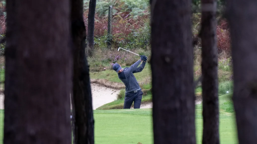 Aaron Rai ENG plays out of the bunker 9th fairway during the BMW PGA Championship 2022 day 1 at Wentworth Club Virginia Water United Kingdom 8th September 202