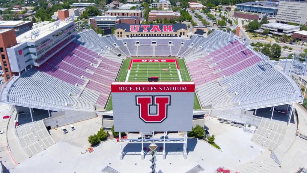 Aerial view of RiceEccles Stadium in University of Utah in Salt Lake City Utah USA It is the home of Utah Utes and served as the main stadium for 2002 Olympics