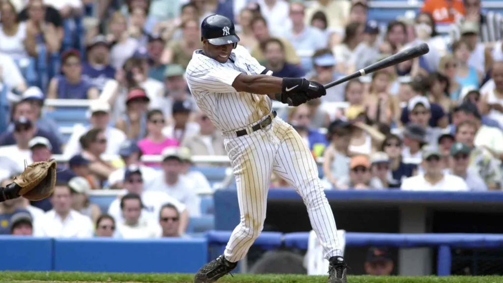 New York Yankees batter swinging a baseball bat during a game