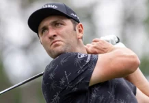 Jon Rahm hits a drive as he plays in the 2021 Wells Fargo Championship.