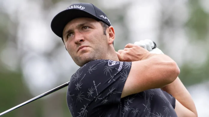 Jon Rahm hits a drive as he plays in the 2021 Wells Fargo Championship.