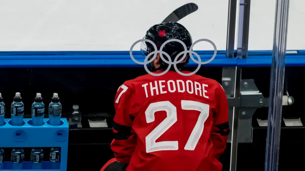 Defender Shea Theodore 27 of Team Canada serves out a penalty while playing against Team USA