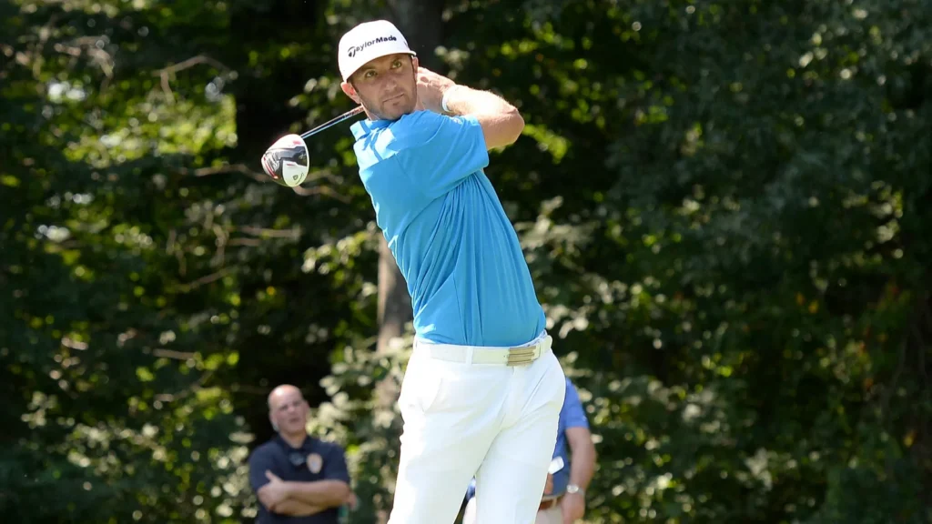 Dustin Johnson watches his shot during the Barclays Tournament practice round held at the Plainfield Country Club.
