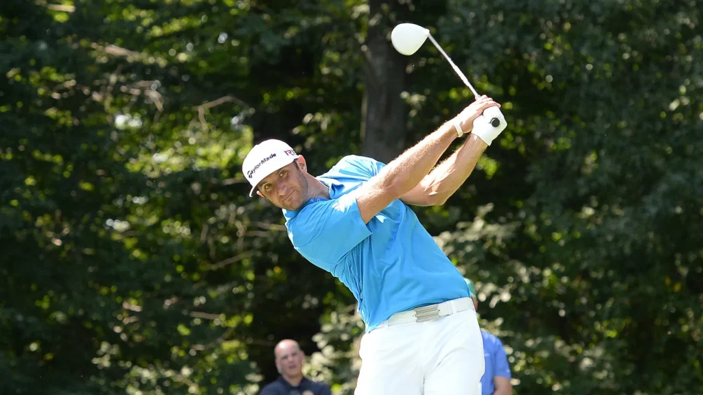 EDISONNJAUGUST 25Dustin Johnson watches his shot during the Barclays Tournament practice round held at the Plainfield Country Club in EdisonNJAugust 252015