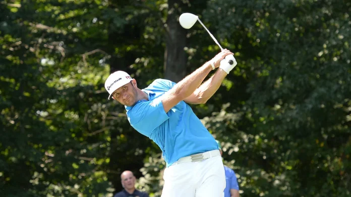 EDISONNJAUGUST 25Dustin Johnson watches his shot during the Barclays Tournament practice round held at the Plainfield Country Club in EdisonNJAugust 252015