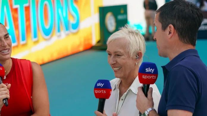 sports analyst, meeting MIAMI GARDENS FLORIDA MARCH 27 2025 Former professional tennis players and Sky Sports TV analysts Martina Navratilova L and Tim Henman during on court interview with Aryna Sabalenka during 2025 Miami Open