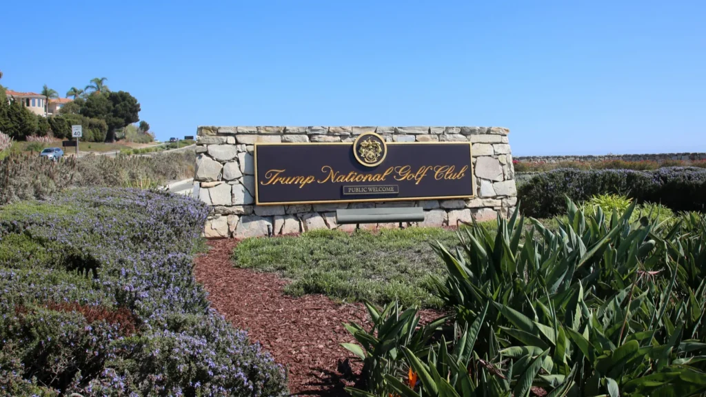 RANCHO PALOS VERDES CA USA August 28 2021 Donald Trump National Golf Club Sign The Entrance to President Donald J Trumps Rancho Palos Verdes Golf Course in California